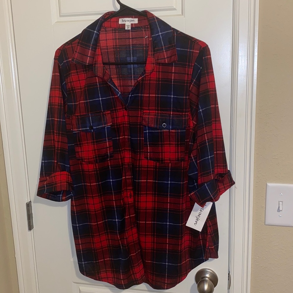 Red plaid button down blouse